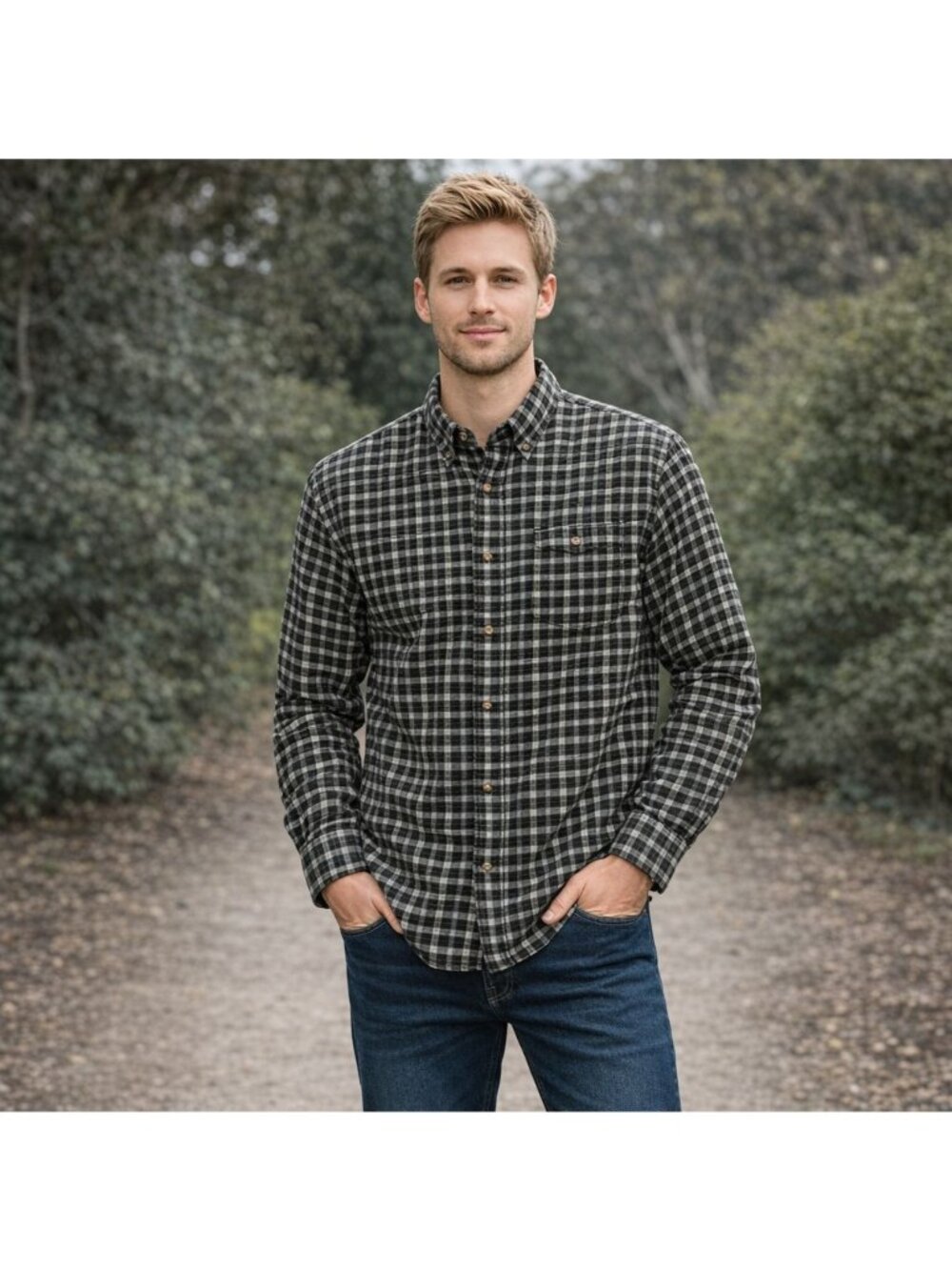 Chaps Button Down Shirt Plaid Mens L Black & White Long Sleeve Casual Workwear